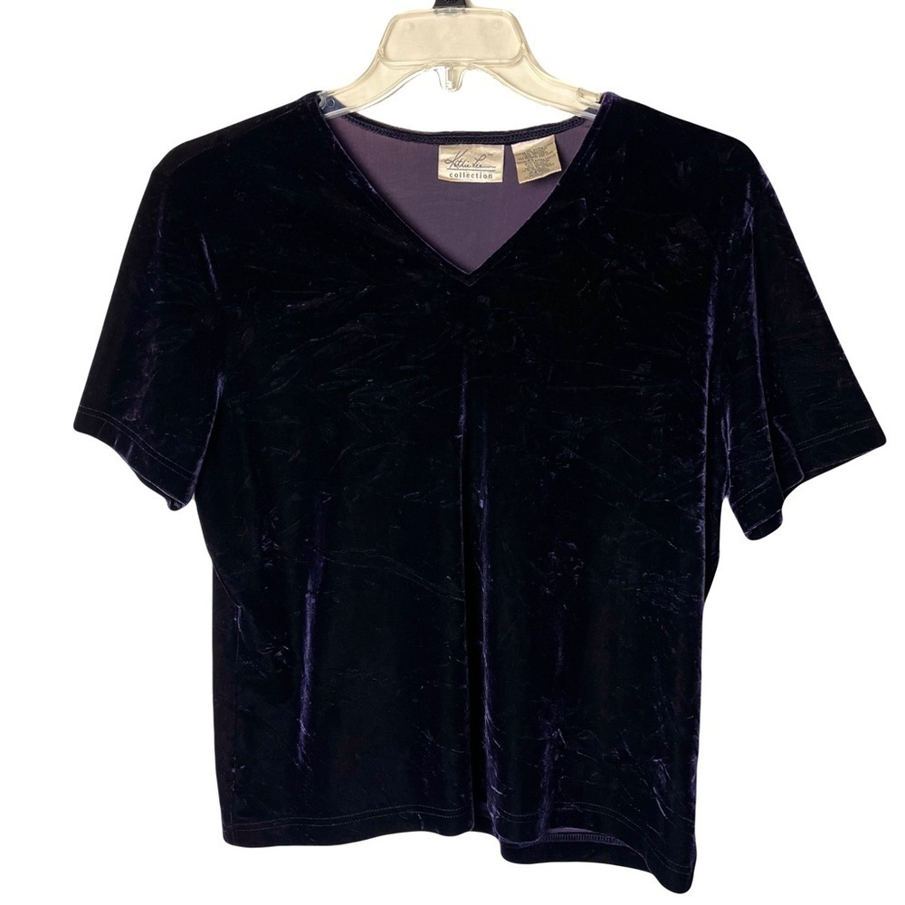 Kathie Lee Collection | Purple Crushed Velvet Boxy V-Neck Short Sleeve Tee, XL